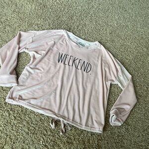 Rae Dunn Pink Weekend tie bottom velour Sweatshirt